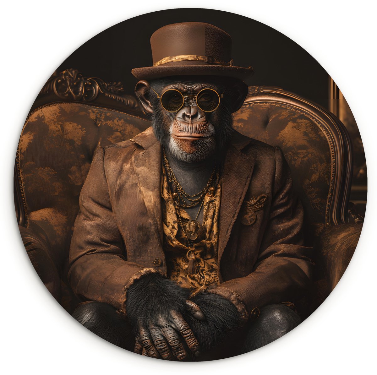 WallCircle Wandcirkel 120x120 cm - Muurcirkel Chimpansee - Stoel - Pak - Bruin - Muurdecoratie woonkamer - Wanddecoratie slaapkamer - Kamer decoratie accessoires - Ronde schilderijen Chimpansee - Hoed