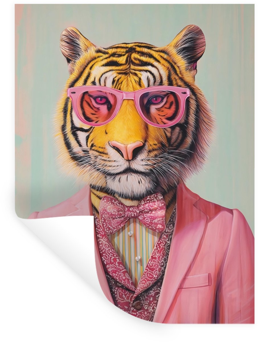Muurstickers - Sticker Folie - Tijger - Strik - Jasje - Roze - 60x80 cm - Plakfolie - Muur