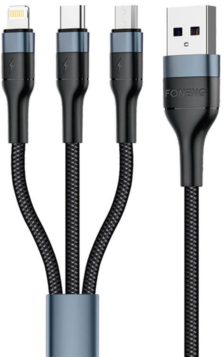 Foneng X51 3In1 Usb Naar Usb-C / Micro Usb / Lightning-Kabel, 3A, 1,2 M (Zwart)