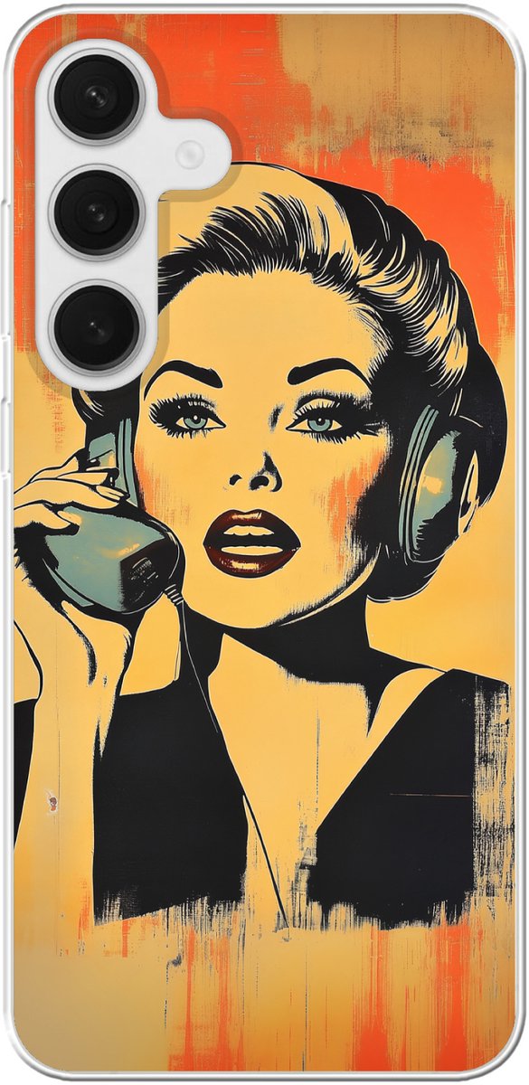 Telefoonhoesje Geschikt voor Samsung Galaxy S25 Plus hoesje - Retro - Vrouw - Koptelefoon - Oranje - Siliconen Telefoonhoesje Telefoonhoesje