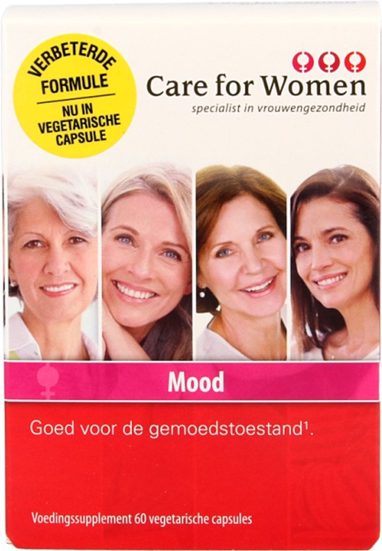 Doosje met vier lachende vrouwen, gele sticker met tekst.