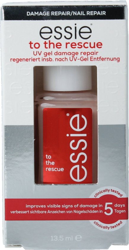 Doosje Essie 'to the rescue' UV-gel schade herstel nagellak. Transparante lak met rode label. Clinisch getest.