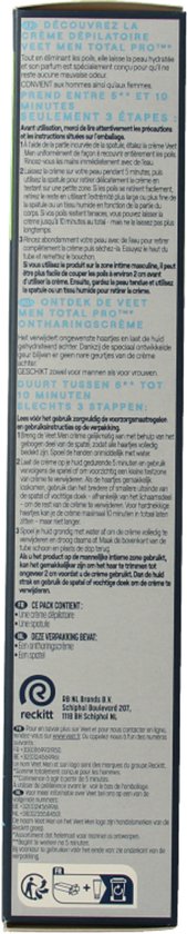 Achterkant van de Veet Men Total Pro ontharingscrème doos. Tekst in het Frans en Nederlands, met instructies en ingrediënten.