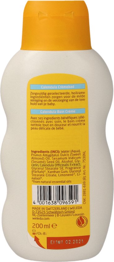 Achterkant van de Weleda Calendula baby crèmebad fles met ingrediënten en informatie.