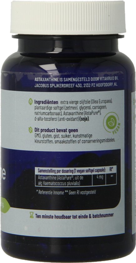 Paarse pot met vegan capsules. Label met ingrediënten, samenstelling en vegan logo.