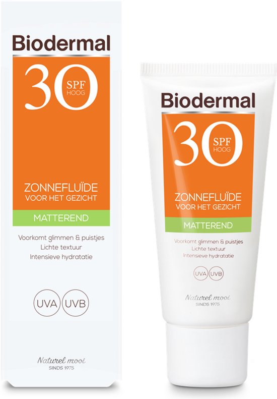 Biodermal Zonnefluïde SPF 30 Hoog, matterend, in verpakking en tube. Voorkomt glimmen & puistjes. Intensieve hydratatie.
