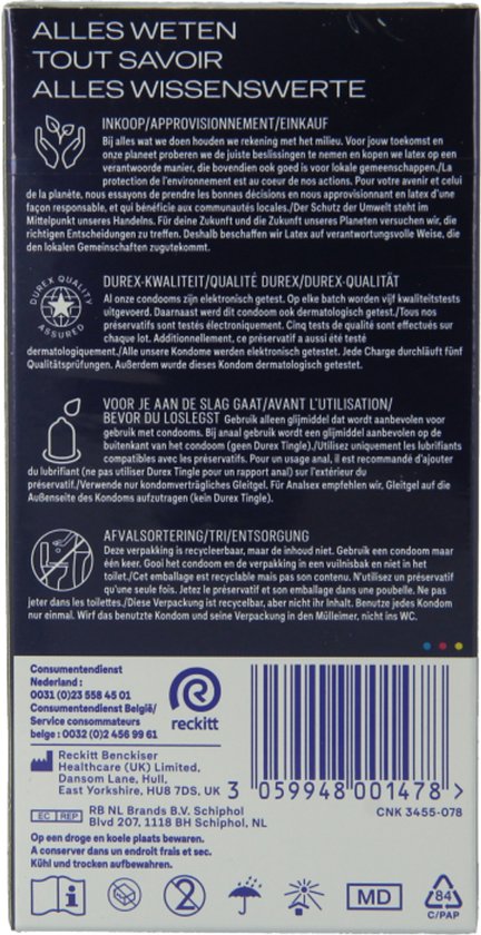 Durex Orgasm Intense condoomdoosje met informatie en een individueel verpakt condoom.