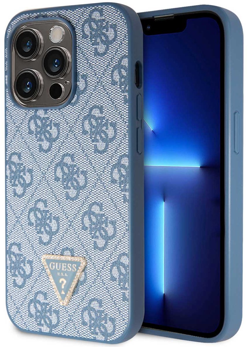 Guess 4G Logo Triangle Strass Backcover geschikt voor Apple iPhone 15 Pro - Blauw