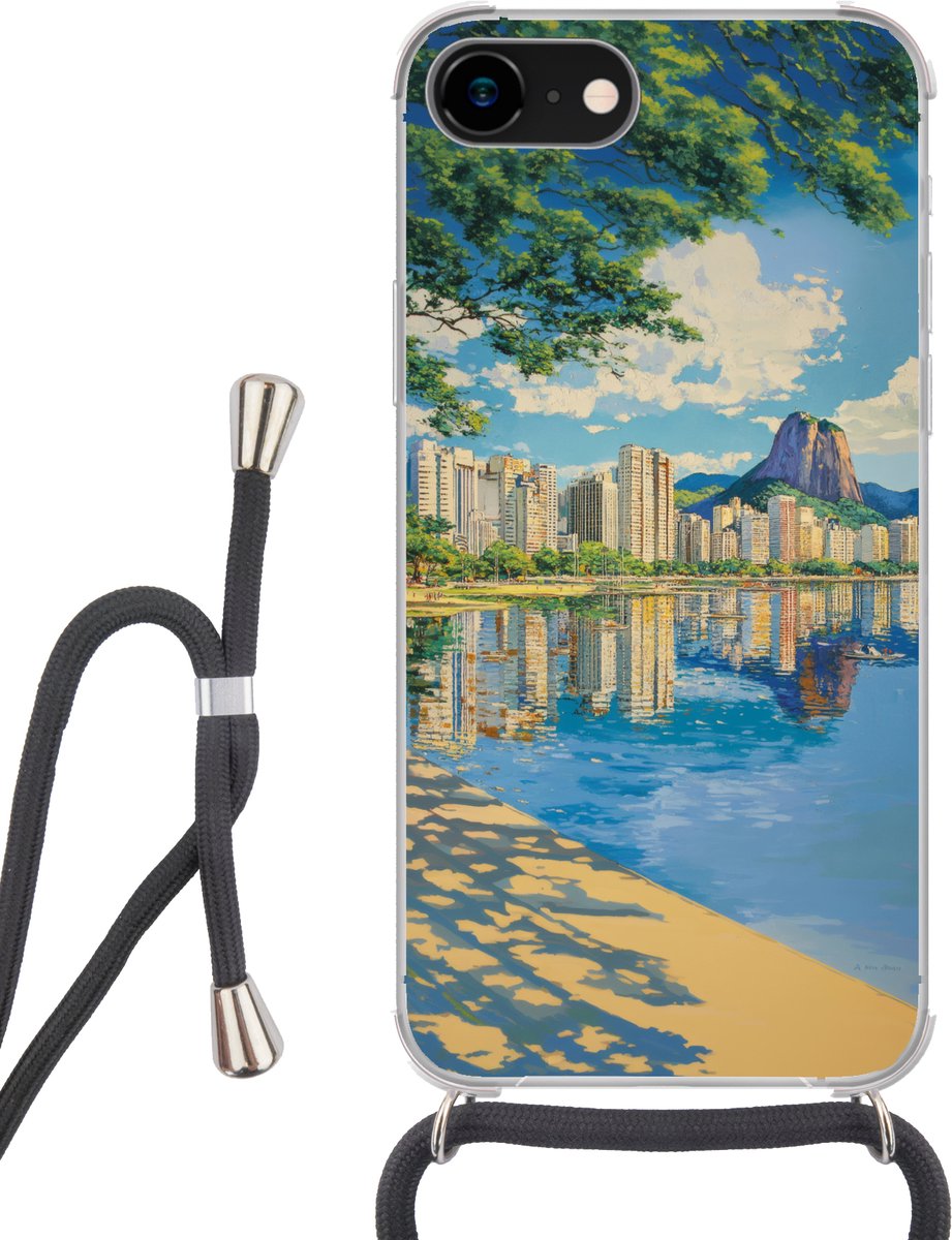 Telefoonhoesje Geschikt voor iPhone 8 - Berg - Skyline - Strand - Water - Siliconen - Crossbody - Backcover met Koord - Telefoonhoesje met koord - Hoesje met touw Telefoonhoesje
