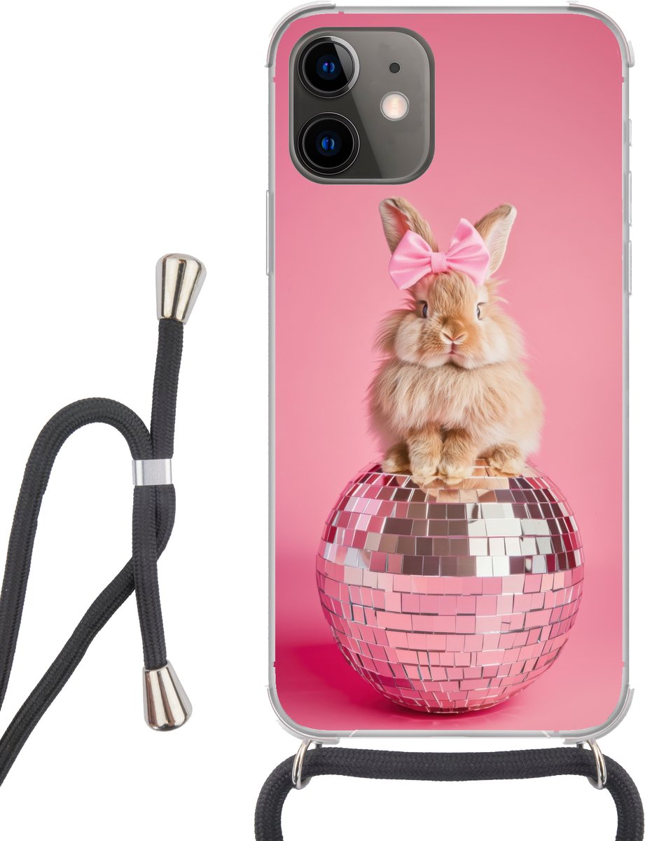 Telefoonhoesje Geschikt voor iPhone 12 - Strik - Discobal - Konijn - Siliconen - Crossbody - Backcover met Koord - Telefoonhoesje met koord - Hoesje met touw Telefoonhoesje