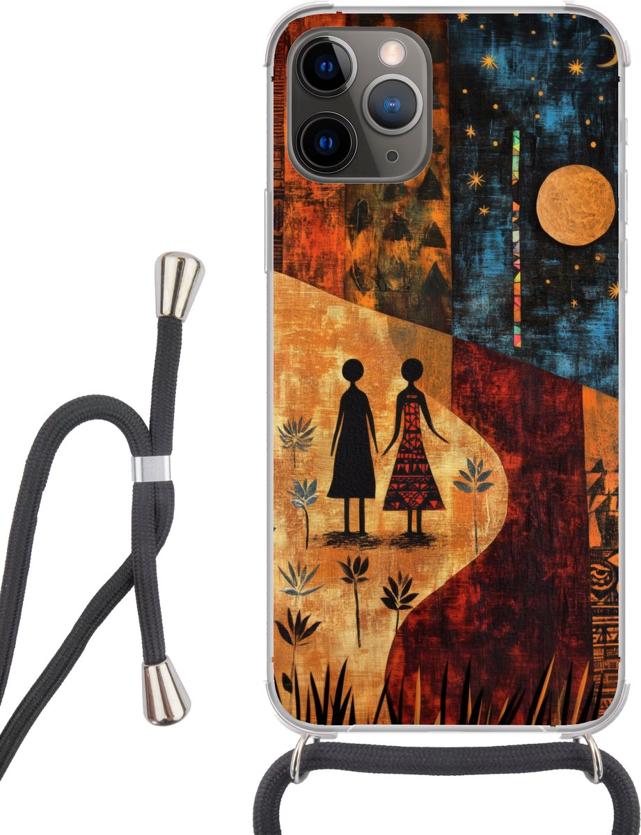 Telefoonhoesje Geschikt voor iPhone 13 Pro Max - Silhouetten - Abstract - Zon - Maan - Siliconen - Crossbody - Backcover met Koord - Telefoonhoesje met koord - Hoesje met touw Telefoonhoesje