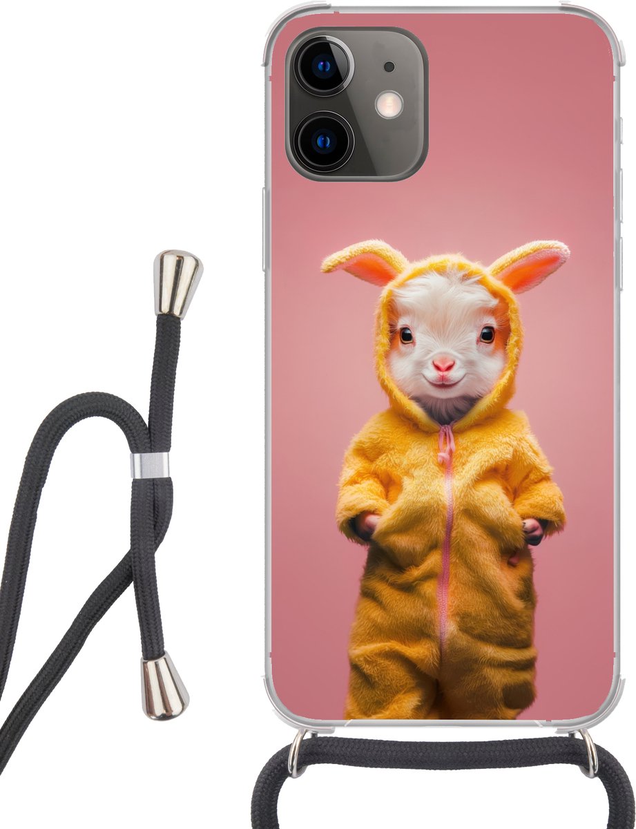 Telefoonhoesje Geschikt voor iPhone 12 Mini - Kostuum - Geitje - Paashaas - Siliconen - Crossbody - Backcover met Koord - Telefoonhoesje met koord - Hoesje met touw Telefoonhoesje