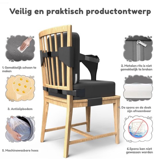 Stoelverhoger voor Kinderen - Verhoogkussen - Zitverhoger voor Eettafel & Eetkamerstoel - Peuter Stoel verhoger - Stoelkussen waterdicht - Lichtgewicht & Veilig met Veiligheidsgordel - Zwart van Merkloos — afbeelding 2