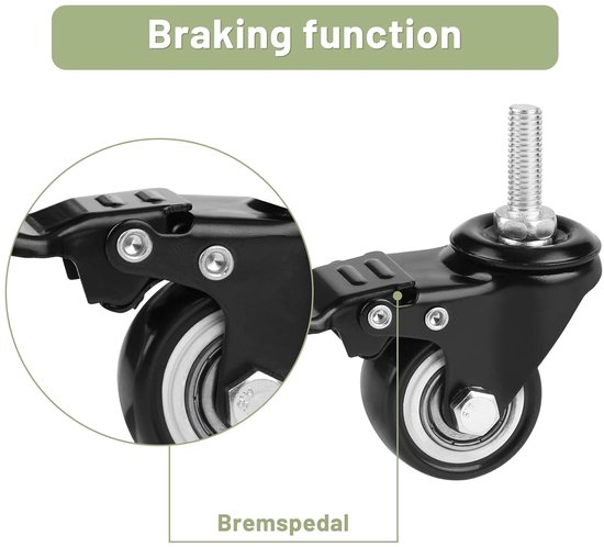 LALAGO Wheels with brake, M8 x 25 mm, castors for furniture (2 with brake + 2 swivel), 40 mm furniture wheels with brake, castors with brake, castors with thread, load capacity 50 kg per wheel van LALAGO — afbeelding 4