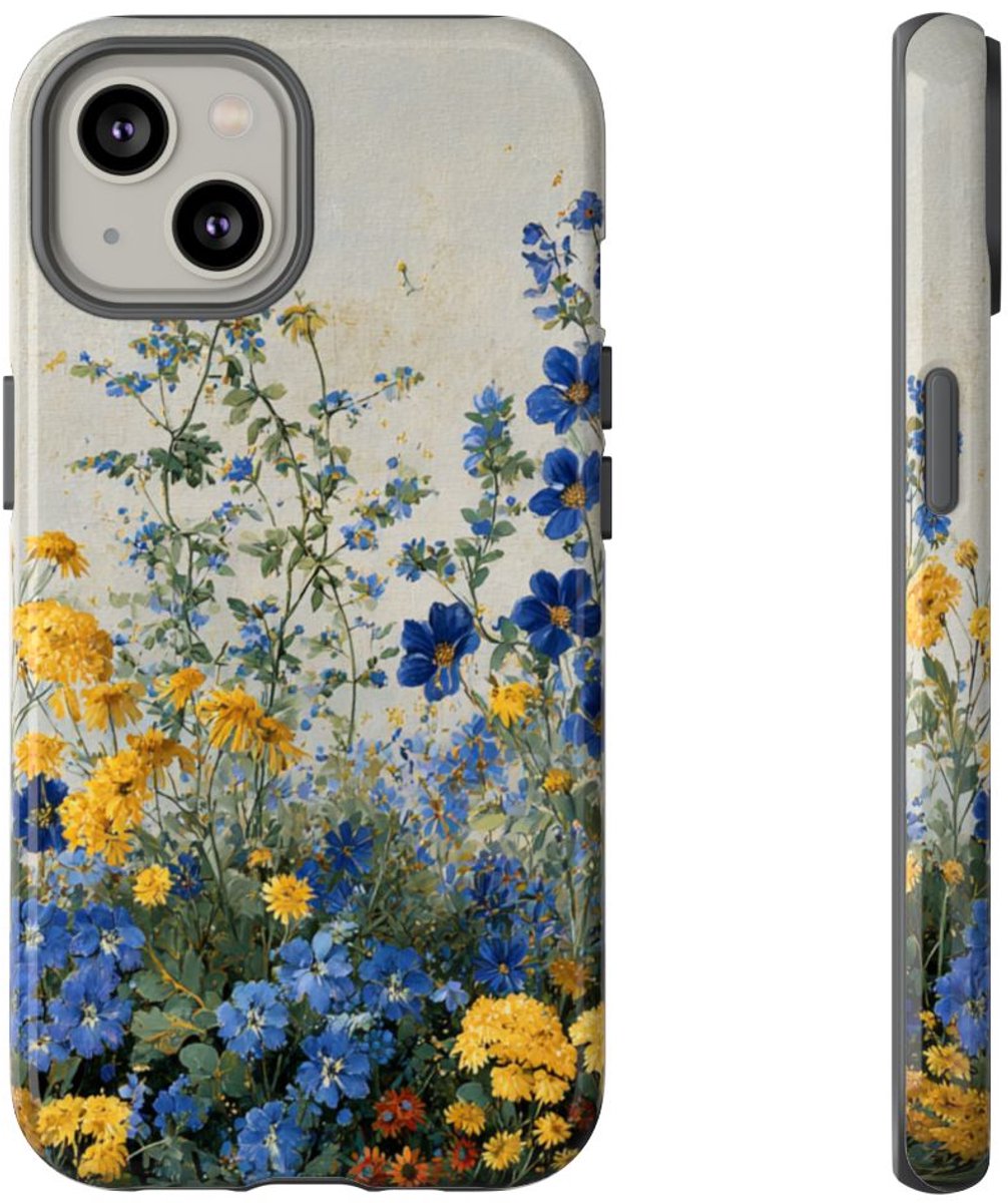 Blauwe en Gele Wilde Bloemen – Telefoonhoesje Geschikt voor iPhone 14