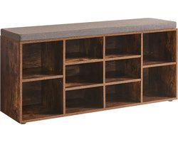ACAZA Schoenenrek - Schoenenkast - Schoenenbank - Met Zitkussen - 10 Vakken - 104 x 30 x 50 cm - Vintage Bruin