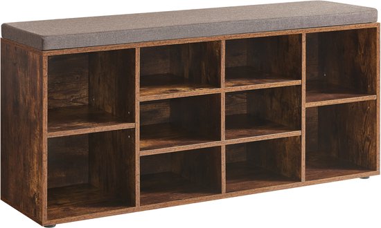 ACAZA Schoenenrek - Schoenenkast - Schoenenbank - Met Zitkussen - 10 Vakken - 104 x 30 x 50 cm - Vintage Bruin