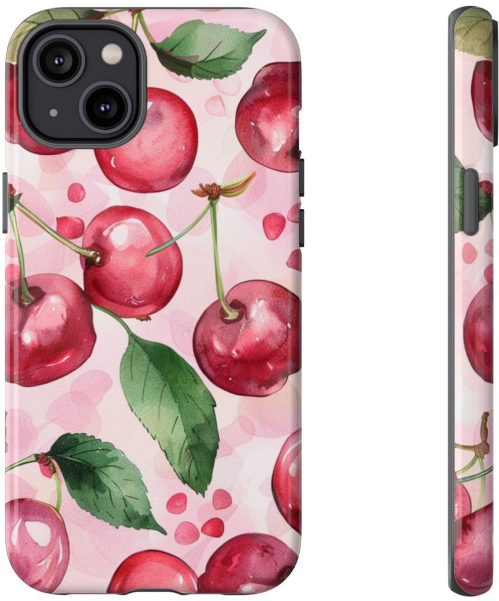 Aquarel Kersenpatroon – Glanzend Stevig Telefoonhoesje Geschikt voor iPhone 14 Plus