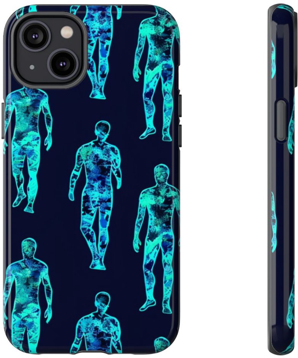 Blauw-Groene Neon Mensfiguren Patroon – Telefoonhoesje Geschikt voor iPhone 14 Plus
