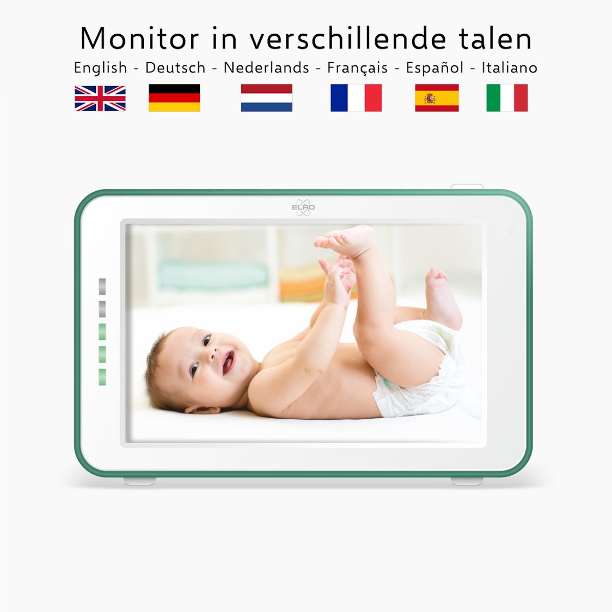 Afbeelding 3 van ELRO BC4000 Babyfoon Royale metFull HD camera - 12,7 cm Touchscreen Monitor- & Gratis App - Incl. Geluidsdetectie, Voedingsalarm en Temperatuursensor - Mint