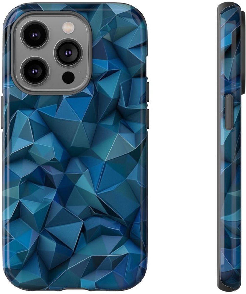 Diepblauw Geometrisch Polygonenpatroon – Telefoonhoesje Geschikt voor iPhone 14 Pro