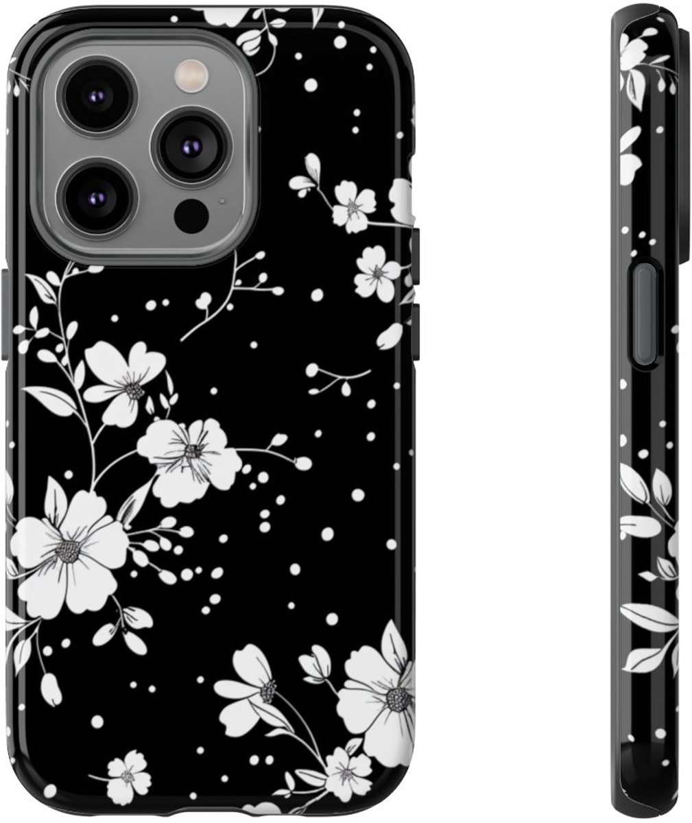 Zwart-Wit Bloemenpatroon – Telefoonhoesje Geschikt voor iPhone 14 Pro