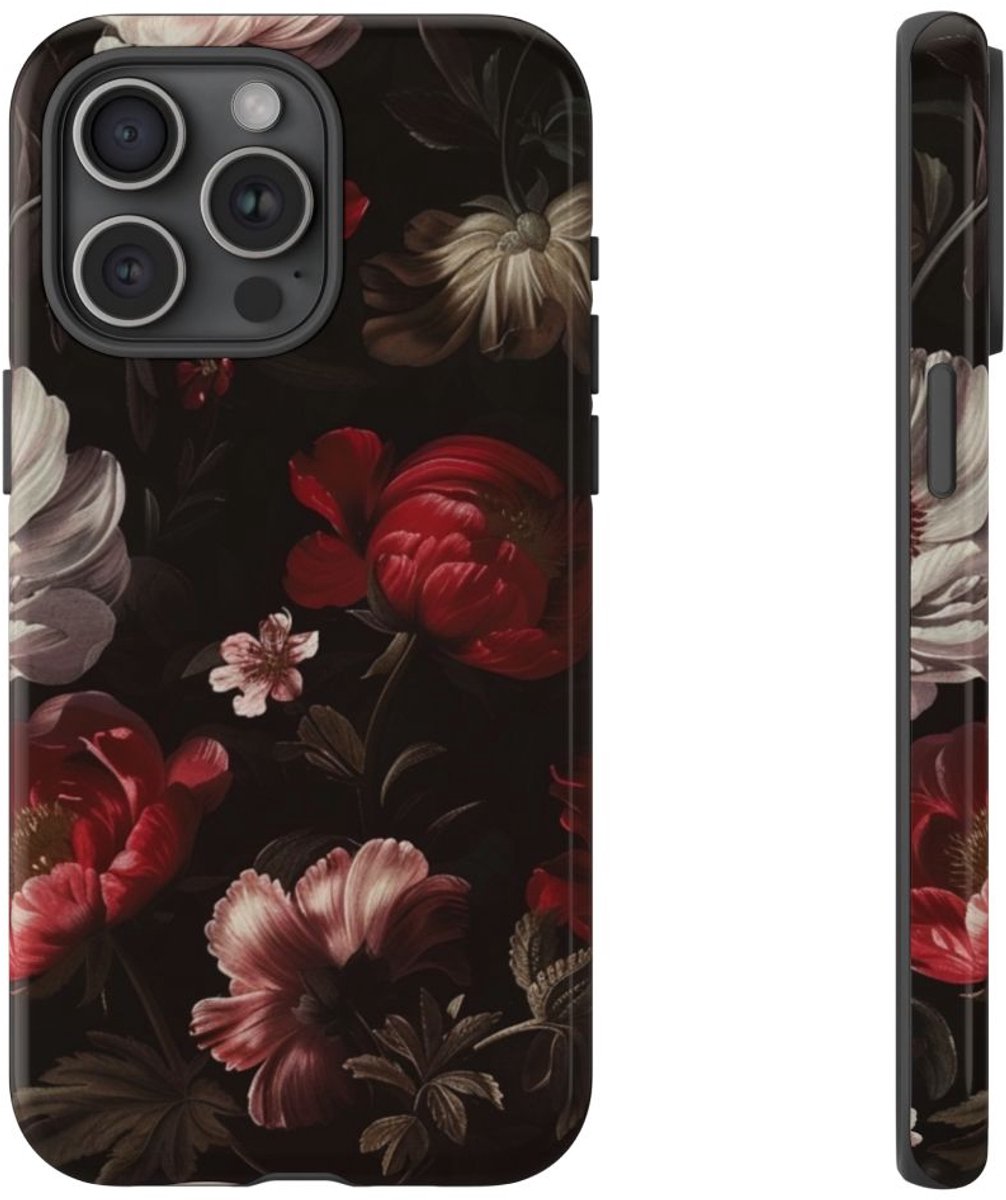 Donker Bloemmotief met Glans – Telefoonhoesje Geschikt voor iPhone 15 Pro Max