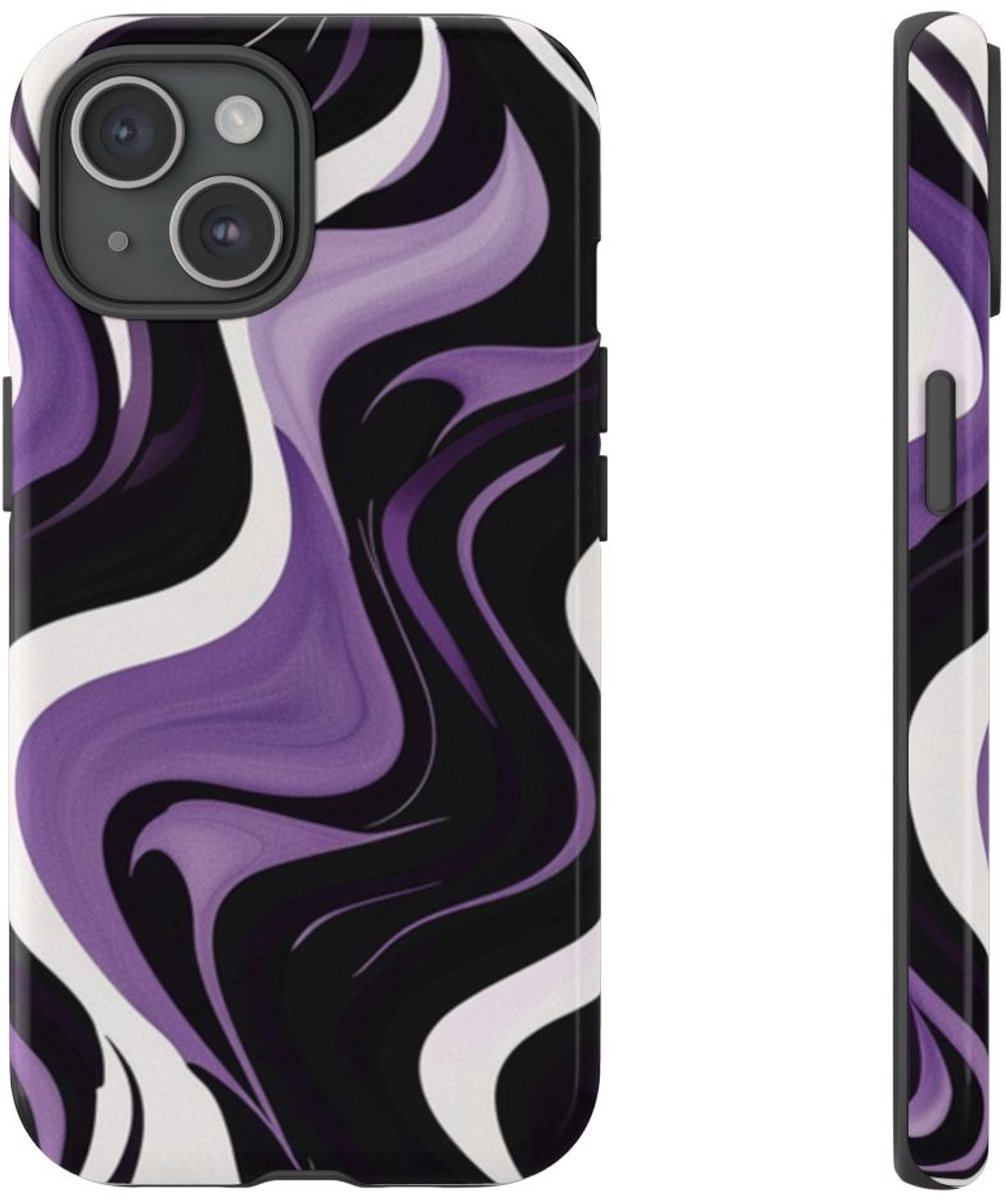 Zwart-Wit-Paarse Golvende Abstracte Print – Telefoonhoesje Geschikt voor iPhone 15