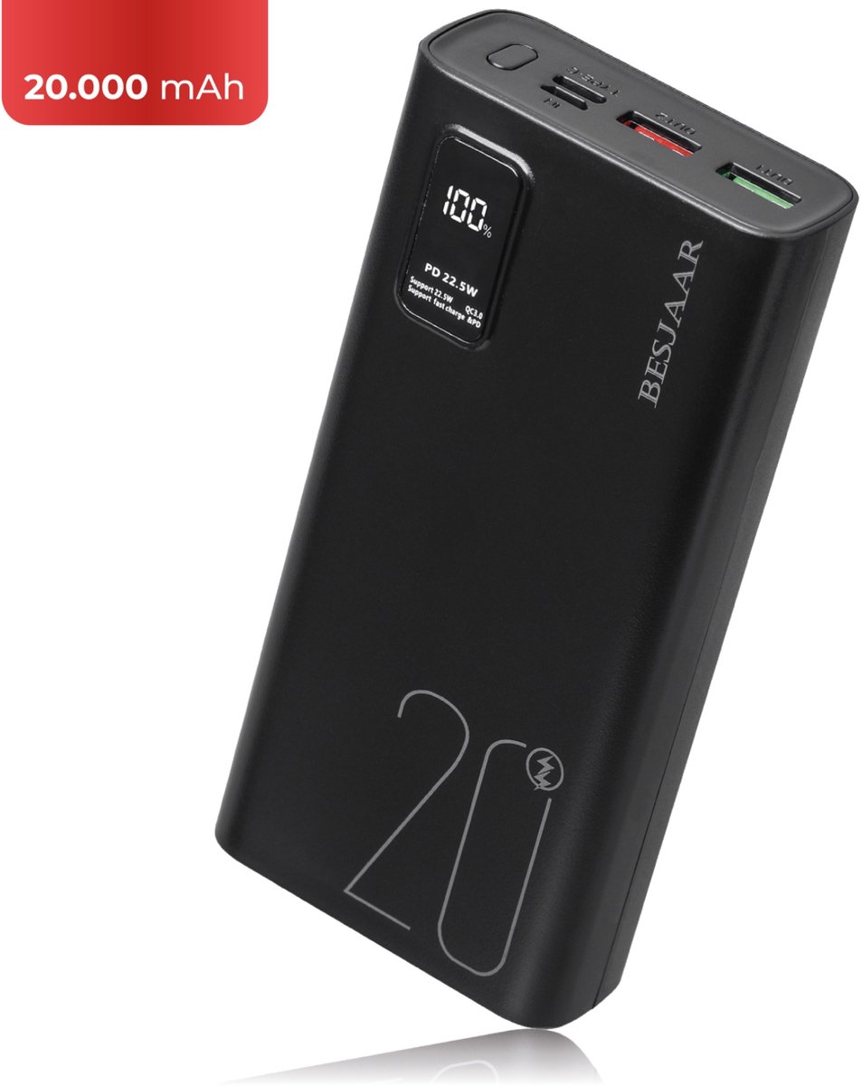 Besjaar Powerbank 20000 mAh – 22.5W Ultra Snellader - USB-A/USB-C - LED Indicatie - Universele Powerbanks Geschikt voor iOS/Android - Zwart - Besjaar - €11,99