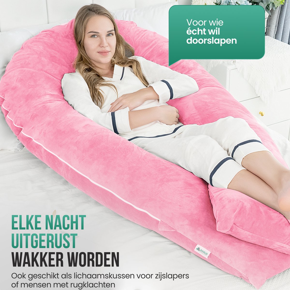 Avalo Zwangerschapskussen XXL 280 cm - U-Vorm Voedingskussen & Zijslaapkussen - Body Pillow - Lichaamskussen - Roze – foto 6