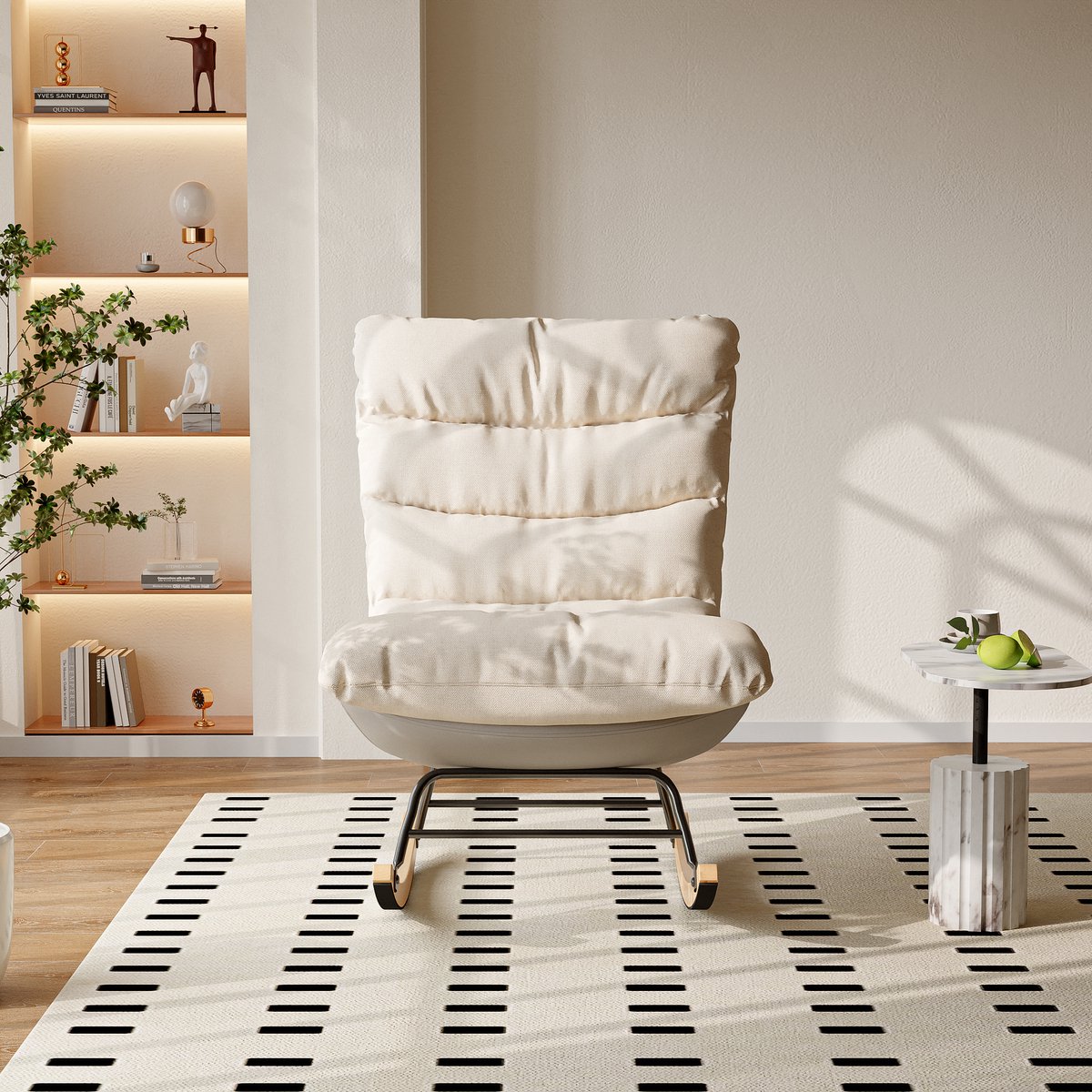 Moderne schommelstoel, schommelstoel met hoge rugleuning, moderne gestoffeerde stoffen kinderkamerstoel, gestoffeerde schommelstoel, voor slaapkamer, woonkamer, kantoor, beige, 54x83x93cm