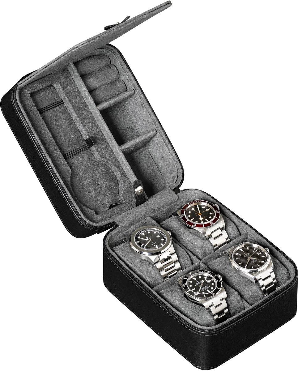 ROTHWELL Reiskoffer voor 5 horloges, opbergorganizer | Bescherming met rits, geschikt voor alle horloges tot 50 mm (zwart-grijs)