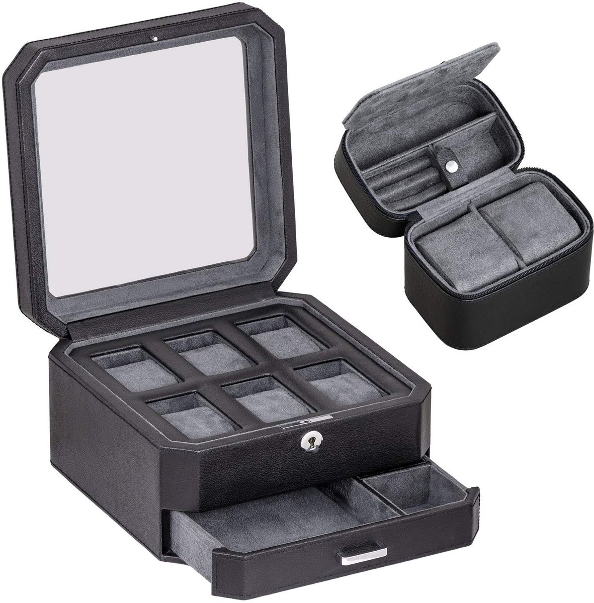 ROTHWELL Cadeauset 6-vaks leren horlogedoos en 2 horlogereiskoffers - Luxe horlogekastorganizer, opbergdozen met glazen deksel (Zwart-Grijs Cadeauset)