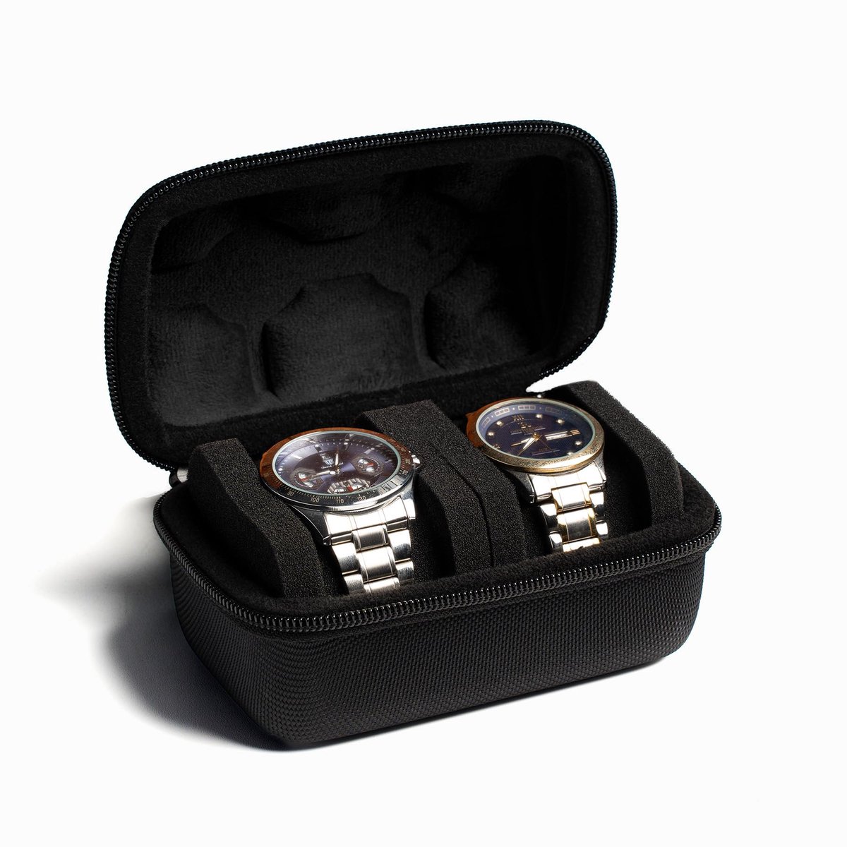 AUKURA Hard Shell Reishorlogekoffer met 2 Gleuven, Opbergruimte en Organizer voor Mannen en Vrouwen, met Anti-Uurwerk Horlogekussentjes (Zwarte Stof, 2 Gleuven)