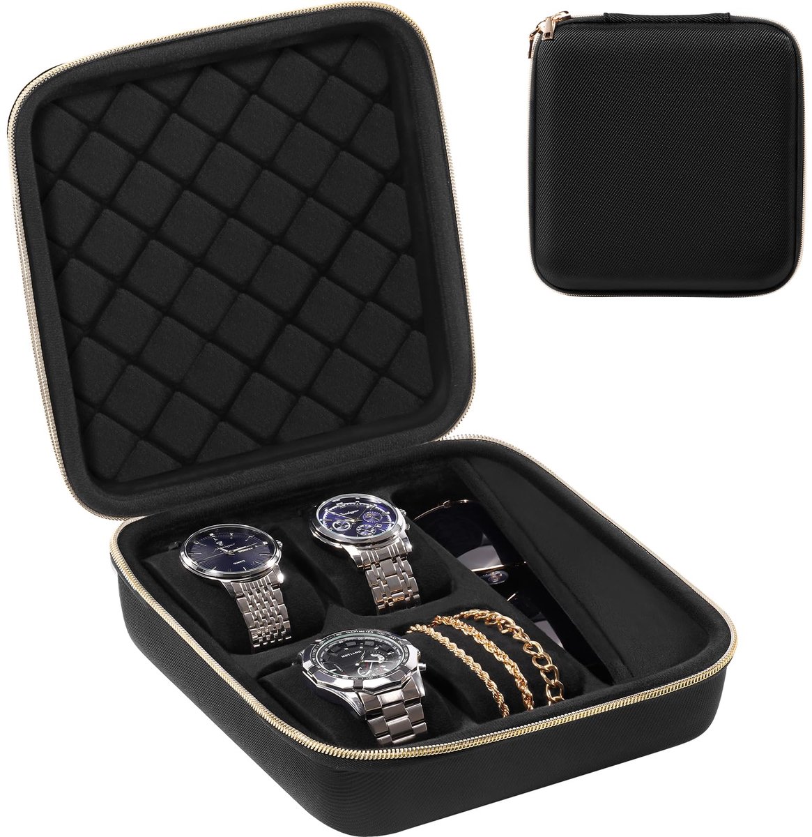 ProCase Horlogekast Reishorlogekast met 4 compartimenten, Draagbare Horlogedoos Opbergdoos voor Horloges, Horloge Reisdoos Organizer voor Dames Heren - Zwart