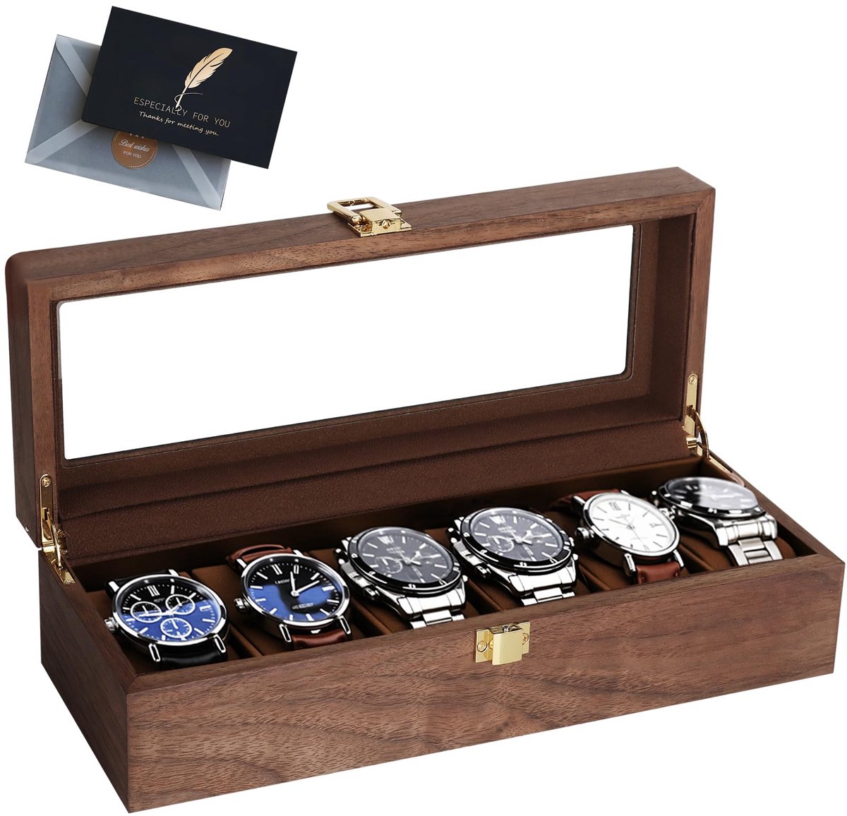 BBWELL Horlogebox met 6 compartimenten, houten horlogebox met glazen deksel, uitneembare kussens, metalen slot, horlogekast en horloge-opbergruimte voor heren