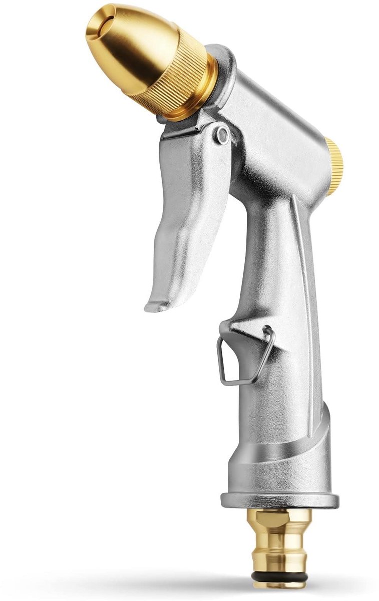 Robuuste Metalen Tuinsproeier – 4 Sproeipatronen, 360° Draaibare Kop – Roestvrij & Ergonomisch Tuingereedschap voor Besproeiing, Schoonmaak en Autowassen