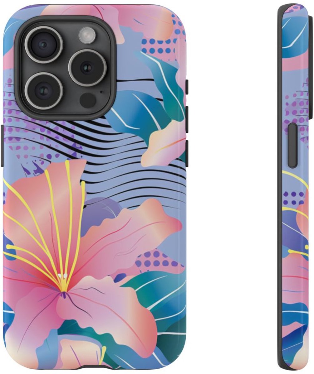 Roze Bloemenpatroon met Abstracte Accenten – Telefoonhoesje Geschikt voor iPhone 15 Pro