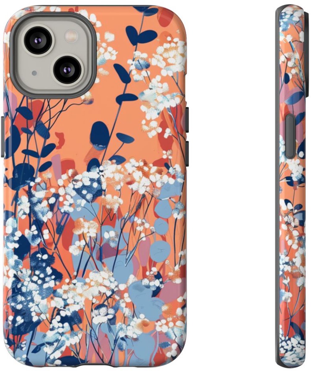 Witte Gipskruidbloemen op Oranje Achtergrond – Telefoonhoesje Geschikt voor iPhone 14