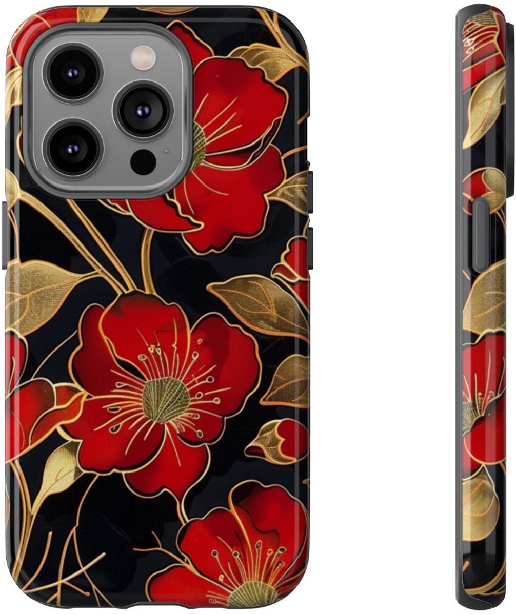 Rood-Gouden Bloemenpatroon – Telefoonhoesje Geschikt voor iPhone 14 Pro