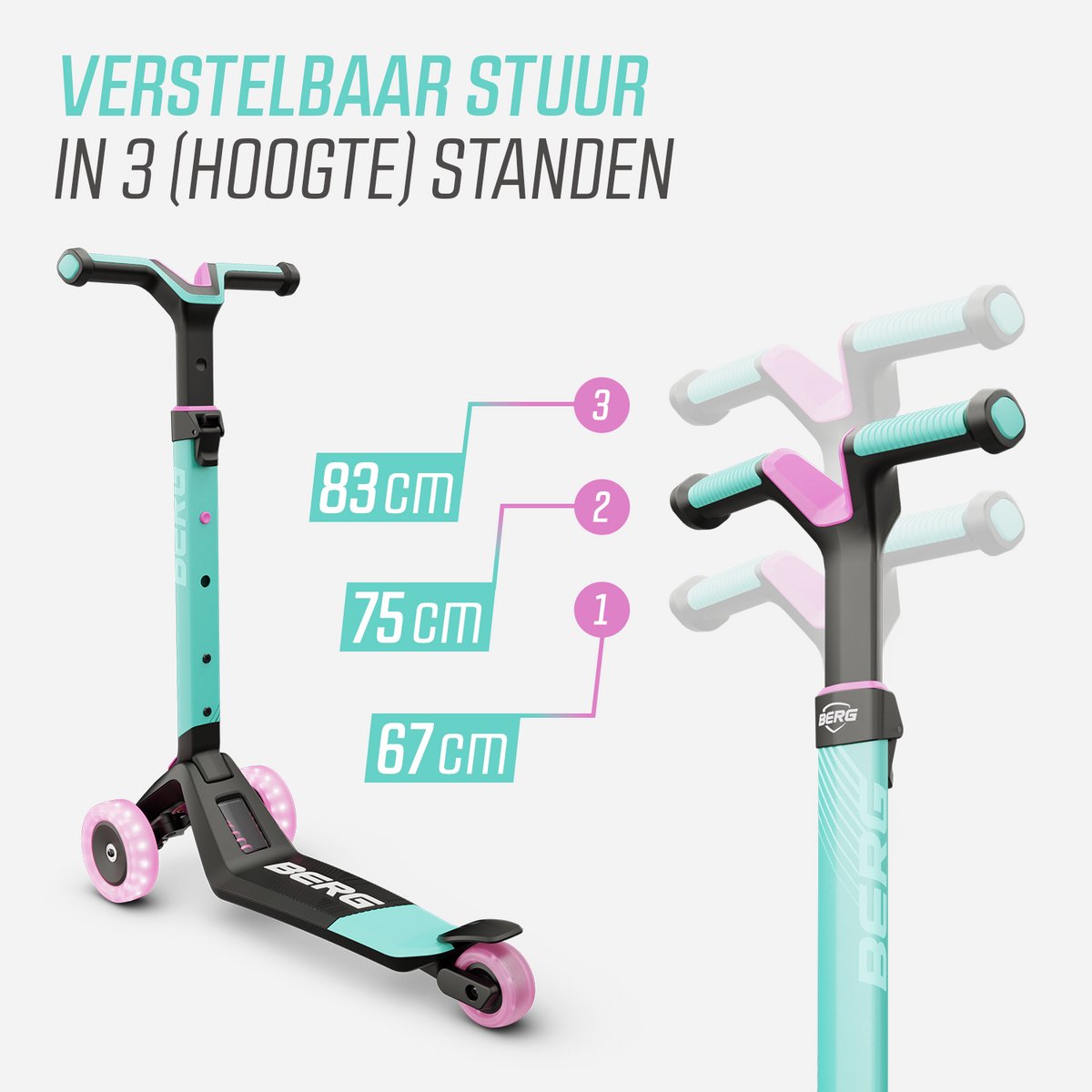 BERG Nexo Kinderstep - Step 3 wielen - Vanaf 2 jaar - Opvouwbaar - In hoogte verstelbaar - Incl. LED-deck + LED wielen - Mint — afbeelding 2