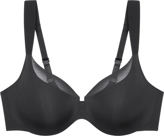 Soutien-gorge noir, vue de face, avec des bretelles réglables.