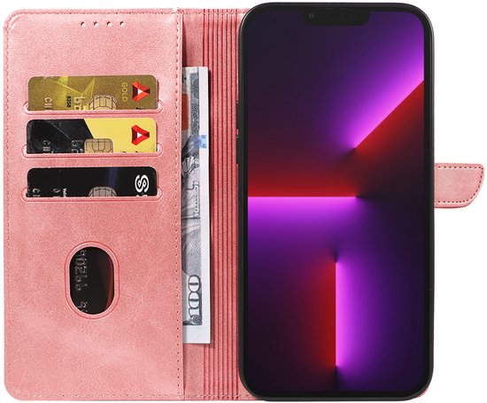 Roze kunstleren telefoonhoesje met pasjeshouder en vakje voor geld, met iPhone.