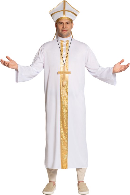 Partychimp Priester Kostuum 3-Delig Gewaad, Mijter & Kruis Verkleedkleren Volwassenen Carnavalskleding Halloween Paus Compleet Kostuum Bisschop Halloween Kostuum Volwassenen - Wit/Goud - One Size -