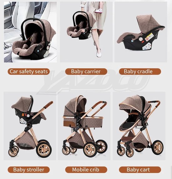 Mila Shop Kinderwagen 3 in 1 - Wandelwagen - Babywagen - Multifunctionele kinderwagen - Baby autostoel - Inclusief maxi cosi - Beige van Mila Shop — afbeelding 3