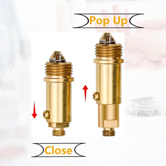 Vergelijking van een messing pop-up plug in pop-up en gesloten stand met verticale pijlen.