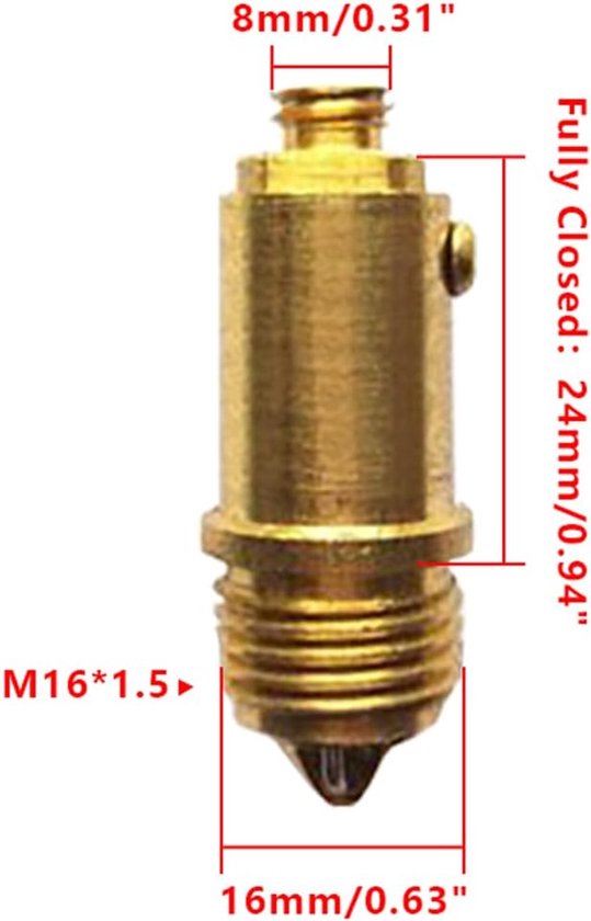 Messing klik-pop-up plugbout met afmetingen van 24mm gesloten en M16*1.5 schroefdraad.