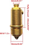 Messing klik-pop-up plugbout met afmetingen van 24mm gesloten en M16*1.5 schroefdraad.