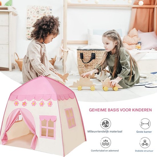 Prinsessenkasteel Speeltent voor Meisjes - Inclusief Kroon & Toverstaf - Roze Kindertent - 130x100x130 cm - Voor Binnengebruik - Met Bloemendecoratie van Merkloos — afbeelding 2