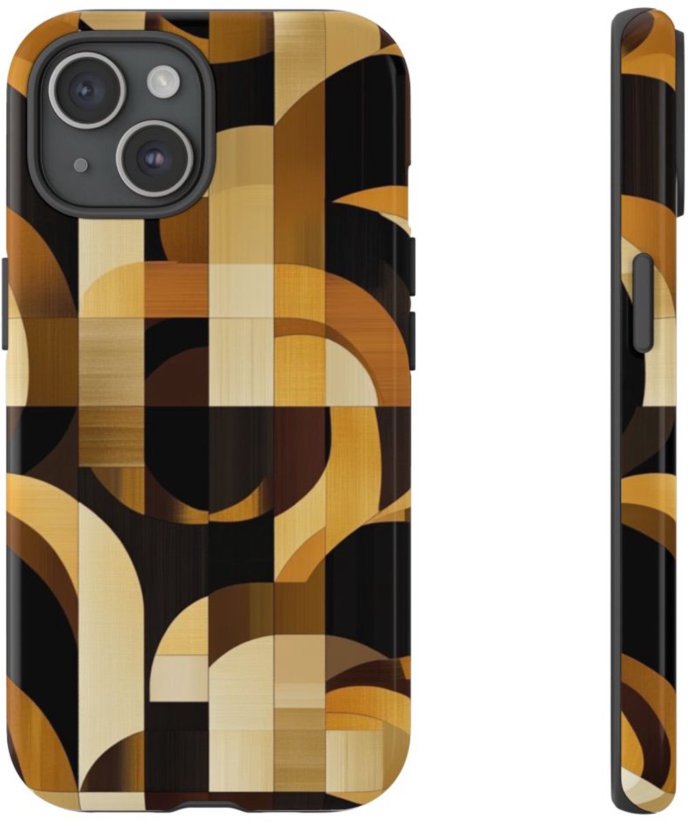 Geometrisch Bruin-Goud Art Deco Patroon – Telefoonhoesje Geschikt voor iPhone 15